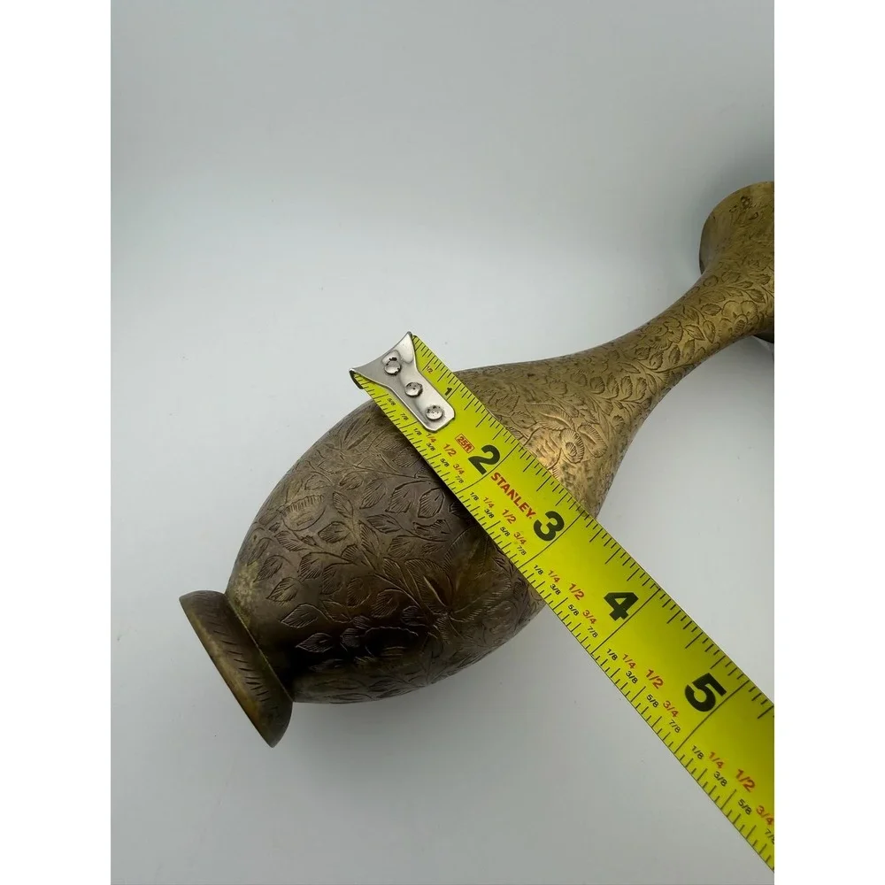Vintage‎ Brass Vase Floral Etched Tall Slim Neck Home Decor Accent
